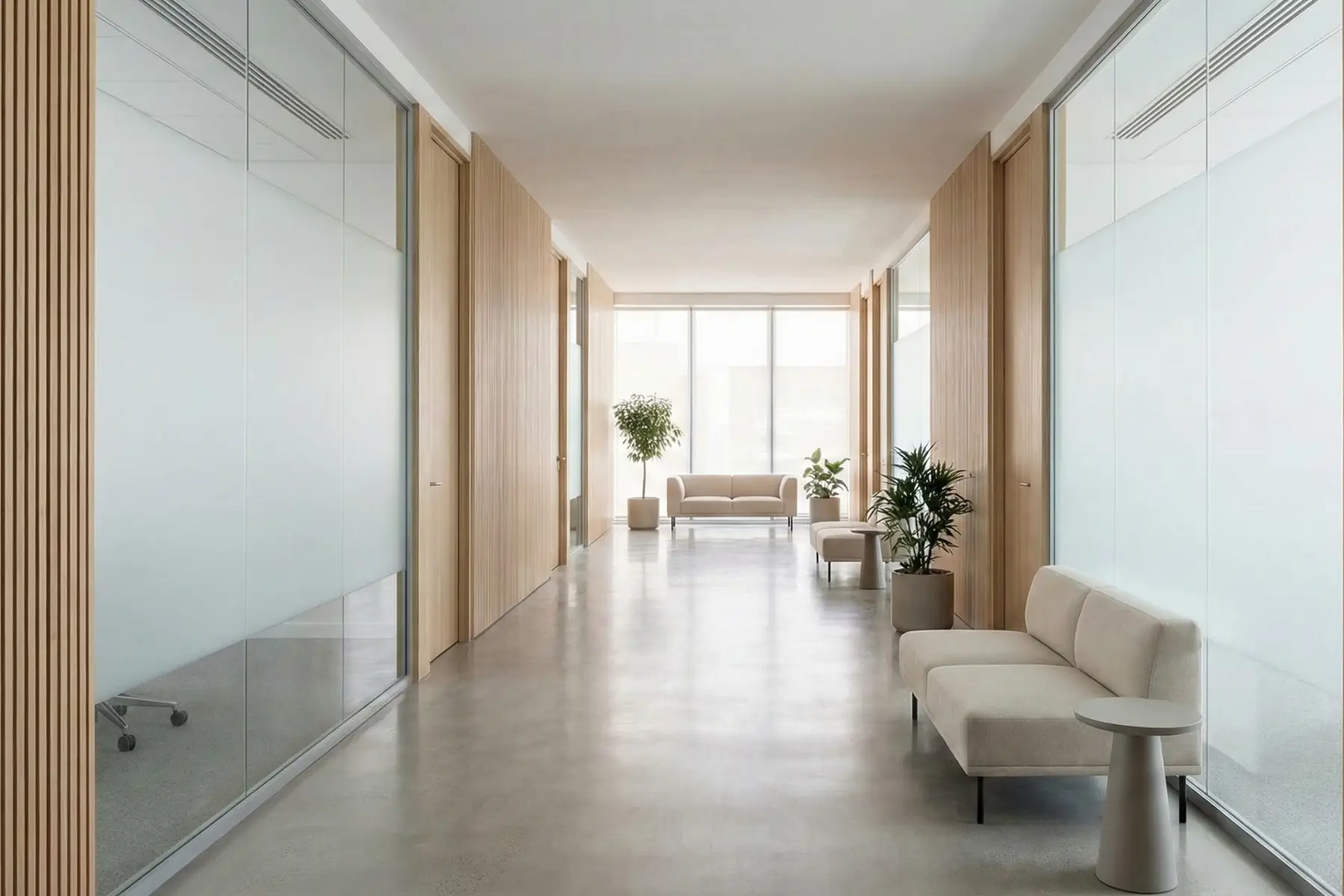 Modern office hallway with seating, glass walls, and natural light